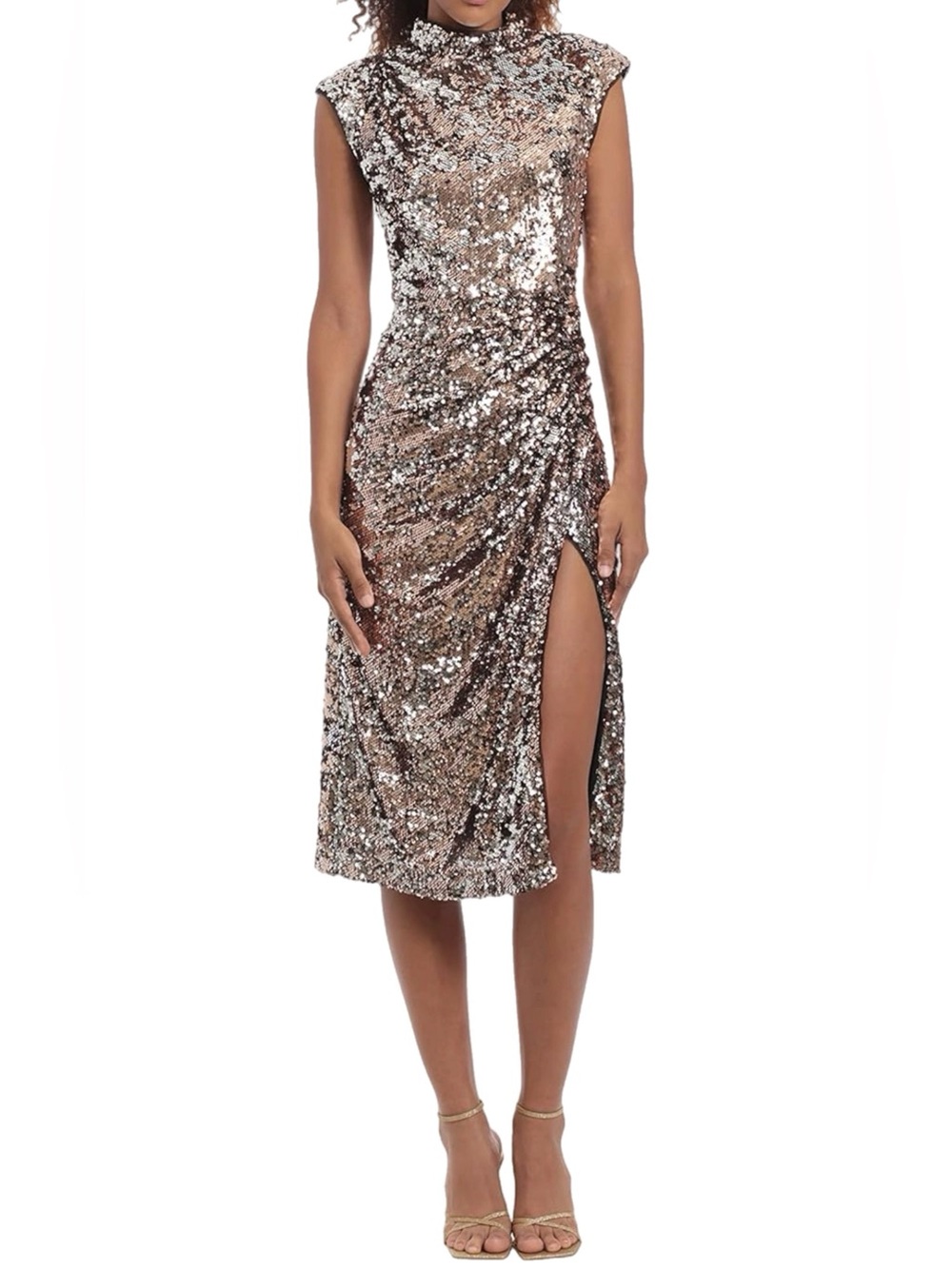 NWT Donna Morgan Gold Sequin Sleeveless Mock Midi Dress Size 10 $189 MSRP